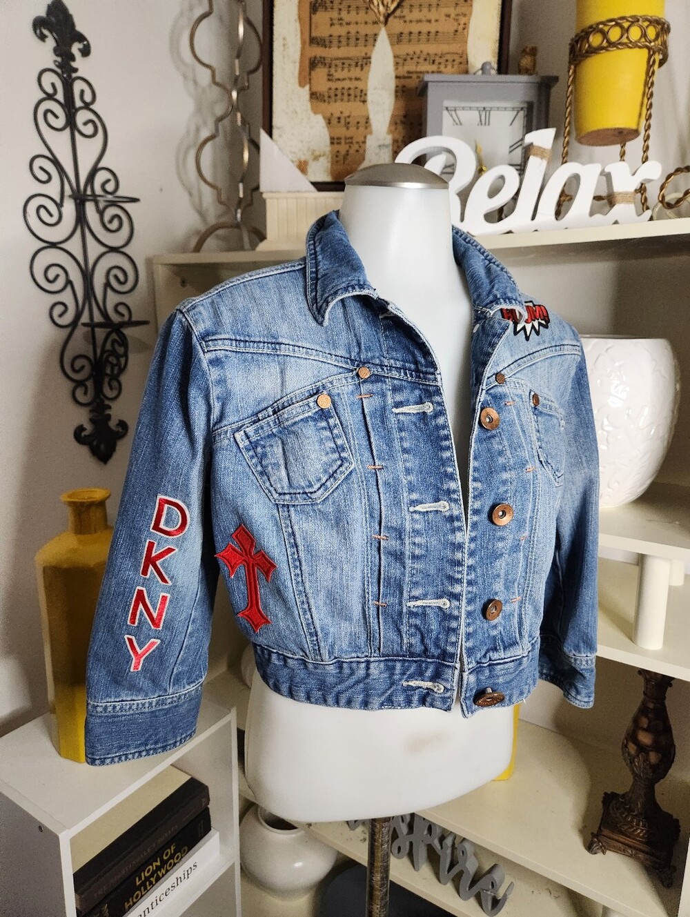 DKNY Light Blue PATCH Denim Jacket with Red Embroidered Accents 3/4 SLEEVE